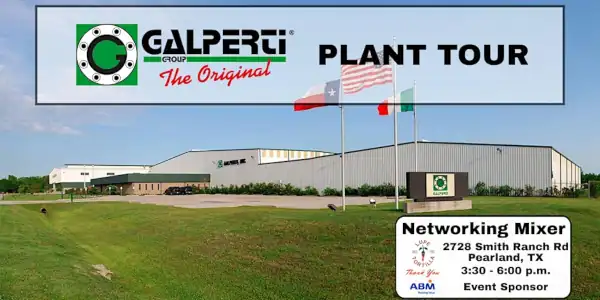 Graphic image of the Galperti Plant, a headline using the Galperti Logo announcing a plant tour and another graphic with the headline Networking Mixer with address or Lupe Tortilla with a logo for ABM as event sponsor.